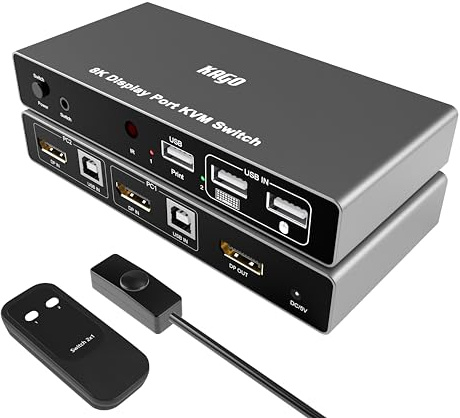 KAGO Displayport KVM Switch - 8K@60Hz 4K@144Hz DP1.4 2 Port KVM Switch,Display Port Monitor Switch for 2 Computers Share 3 USB2.0 Keyboard Mouse Printer,for Esports Gaming,3D Graphics Video