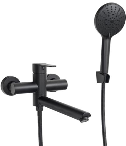 PHASAT Badewannenarmatur mit Handbrause Wandmontage Badewannenhahn Schwarz Wasserhahn für Badezimmer Bad 90° Drehbaren Auslauf Verlängern PTBB13E