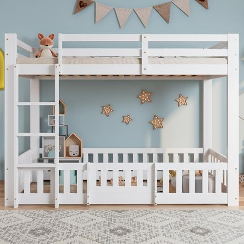 ANIROY 3FT Bunk Bed, Bed with Fences and Door, Children's Bed with Fall Protection and Railings, Solid Wood, White (190x90cm)