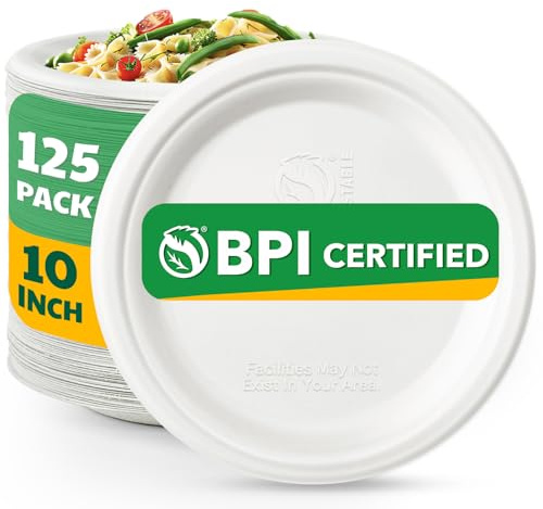 Joyborn 100% Compostable Paper Plates, 10 Inch, 125 Count, Biodegradable Bagasse Plates, Heavy Duty Disposable Plates Bulk for Party | Microwave-Safe | Soak-Resistant, Cut Resistant