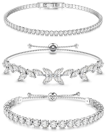 Dochais Pulsera de Tenis Plata Para Mujer - 3 Piezas Ajustables Con Circonita Cúbica y Cristal - Joyas Regalo