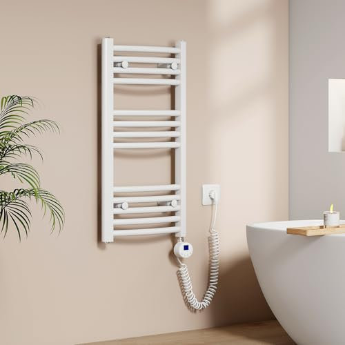 EMKE Sèche-Serviettes électrique avec Thermostat, 750 x 400 mm, radiateur de Salle de Bain courbé électrique, Chauffe-Serviettes, Porte-Serviettes électrique, Blanc, 250 W