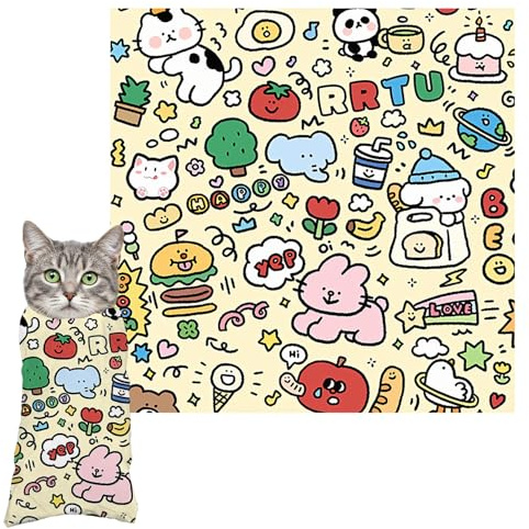 VLYX Patchwork Manta de Cuidado para Gatos - 70x70 cm, Arrullo Grande para Gatos de hasta 9 kg, Bolsa Ajustable para Corte de Uñas y Artículos de Aseo