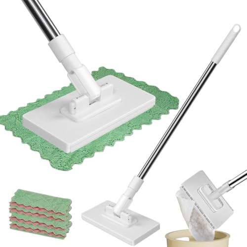 2025 Neu Wischmopp mit Druck-Klemm-System, Wischer Mop Ohne Händewaschen, EIN Knopf zum Wechseln, Automatisches Klemmtuch, Bodenwischer mit 4 wiederverwendbaren Mikrofasertüchern (1 Pcs)