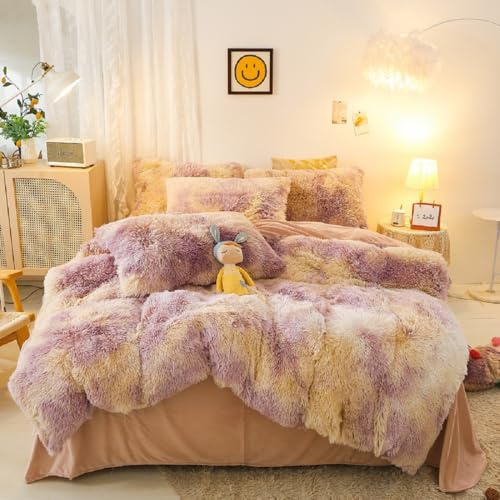 Sacebeleu Ropa de cama de invierno 220x240cm Lila Amarillo Felpa Pelo Largo Suave Franela Biber Funda de Edredón Cálida y 2 Fundas de Almohada 80x80cm con Cremallera