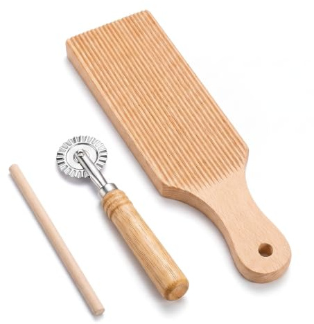 3 tablas de gnocchi para pasta, mango de madera, ruedas de madera de haya, tabla de gnocchi con rodillo de rodillo dentado, cortador de masa para cocina casera, ravioli, tortellini, macarrones