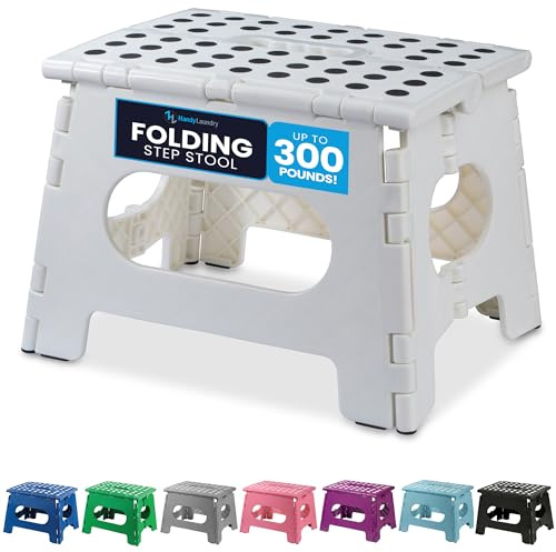 Handy Laundry Folding Lightweight Step Stool - Sturdy Enough to Support Adults - Opens Easy with One Flip - Great for Kitchen, Bathroom or Bedroom (White - 9 Inch)