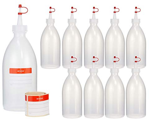 Octopus 10x Bouteilles en plastique 500 ml de LDPE, naturel, G25, bouchon compte-gouttes, sangle de retenue rouge et bouchon