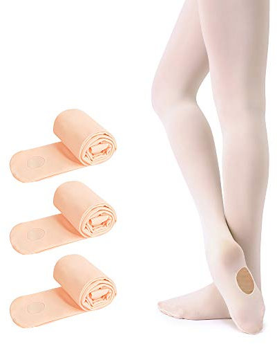 Soudittur Kinder Ballett Strumpfhose Convertible Tanz-Strumpfhosen mit Fersenloch 90D für Mädchen und Damen Rosa(3 Paar), Gr.- L (140-165 cm)