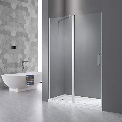 Puerta de nicho con pared lateral para nichos de ducha de 100-150 cm de ancho, puerta giratoria con pared lateral, altura: 195 cm, cristal de 6 mm Nano ESG de 130 x 195 cm.