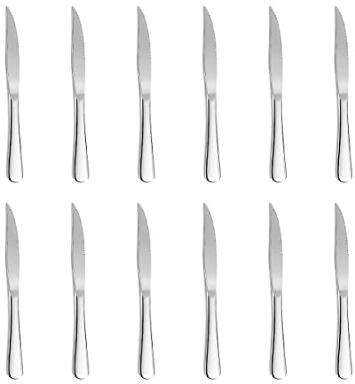 Xingjiake 12-Piece Bright Silver Steak Knives Set, Stainless Steel Serrated Dinner Knives, Dishwasher Safe