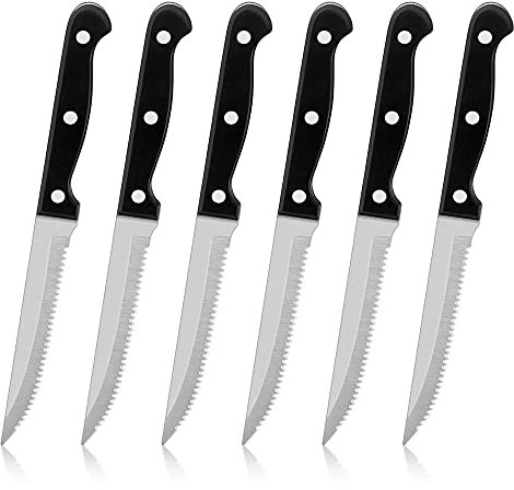 Herogo Steak Knives Set of 6, Stainless Steel Serrated Sharp Dinner Kitchen Steak Knife with Ergonomic Handle, for Home/Restaurant, Dishwasher Safe