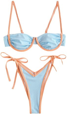 ZAFUL Women's Underwire Bikini High Cut Bikini Set Tie Side Bottom Two Piece Swimsuit Bathing Suit (2-Light Blue, S)