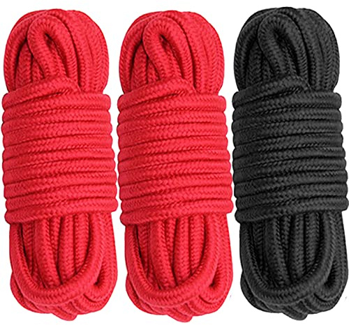 Cosymate Soft Cotton Rope Binding Rope All Purpose Thick Cotton Twisted Knot Tying Rope, 8mm Diameter, 10m Long, Pack of 3, 2 Red 1 Black