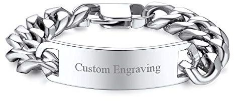 FOCALOOK Personalised Men Bracelet Stainless Steel 15mm Wide Curb Chain Custom Name ID Indentity Bracelets Customised Boys Jewellery 8 Inch