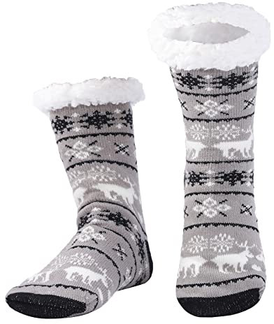 WOTENCE Calze a Pantofola uomo Foderati Cozy Extra Spesse Pantofola Calzini Invernali Antiscivolo Calzini Caldi (Light Gray Deer)