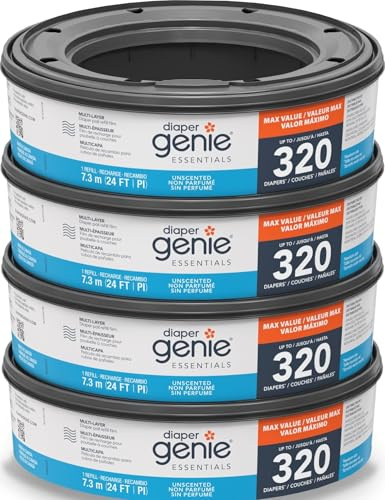 Diaper Genie Essentials Round Refill Pack of 4 | Holds Up to 1280 Newborn Diapers | Features Unscented Continuous Film | Compatible with Diaper Genie Complete and Expressions Pails