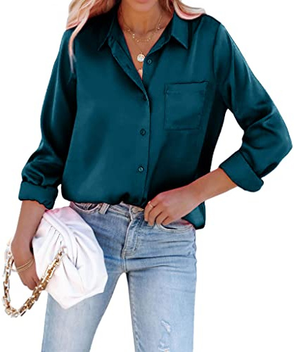 Pausus Women's Silk Button Down Shirt Long Sleeve Fitted Collared Blouse with Pocket (Blue, M)
