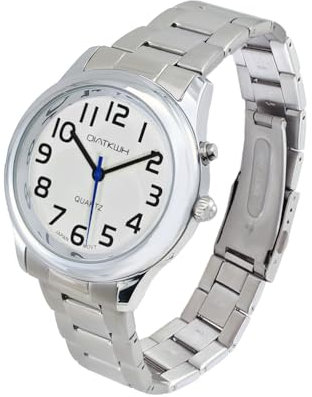 QIATKWH Español Reloj de Voz para Ciegos, discapacitados visuales o Ancianos,Correa de Acero Inoxidable,Tamaño Masculino