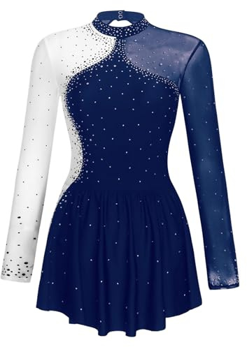 Oyolan Femme Robe Patinage Artistique Strass Manches Longues Justaucorps Gymnastique Danse Tenue Spectacle S-XXL