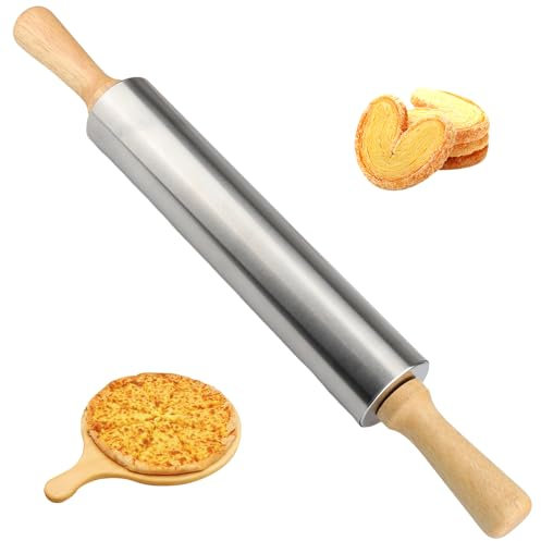 Mattarello, Mattarello Acciaio Inox, Mattarello Con Manico In Legno, Mattarello Antiaderente, Stabile E Resistente, Attrezzo Da Forno Per Pizza, Pasta, Torte, Pasta Di Zucchero, Dolci (43.5 x 5 cm)