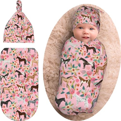 Horse Baby Blanket Set for Girls, Beanie Set, Soft Stretchy Pink Blanket for Newborn Babies