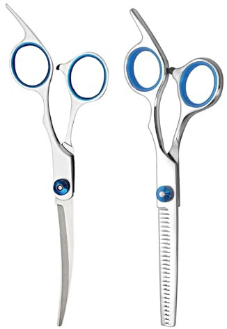 2 Stück Hundeschere Hundescheren Set Ausdünnschere Effilierschere Hund Hunde Schere Gebogen Fellschere Hundehaare Schneiden Scheren Haare Hundekamm Langhaar Trimmschere Haarschere Gebogene Scissors