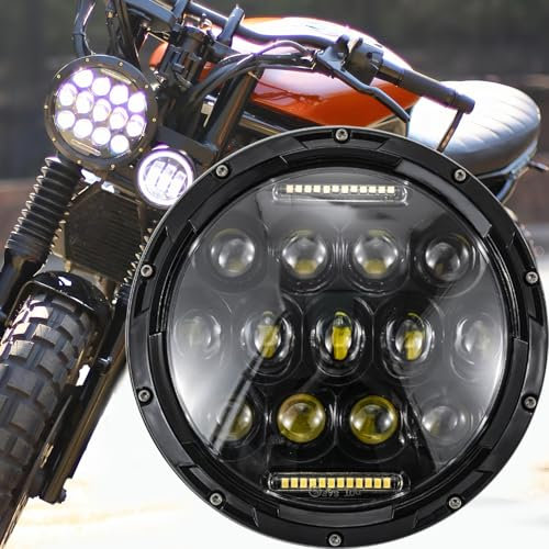 DREAMIZER 7 Zoll Motorrad LED Scheinwerfer E-geprüft mit weißem Tagfahrlicht Angel Eye Bernstein Blinker Kompatibel mit Harley Road King Street Glide Softail Electra Glide J-eep Wrangler JK TJ