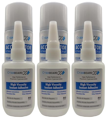 Cyanboard – Kit Colle Cyanoacrylate Haute Viscosité 3 x 50 g + Activateur Accélérateur 3 x 200 ml – Colle Instantanée pour Bois, Caoutchouc, Cuir et Matériaux Poreux