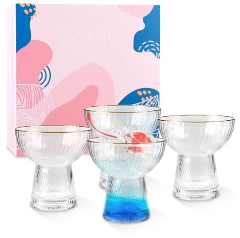 Lot de 4 verres à cocktail en cristal - Verres à martini avec bord doré - Verre à margarita sans pied - Verre soufflé à la bouche - Design ondulé élégant - Coupe à champagne nervurée - Bord doré (10