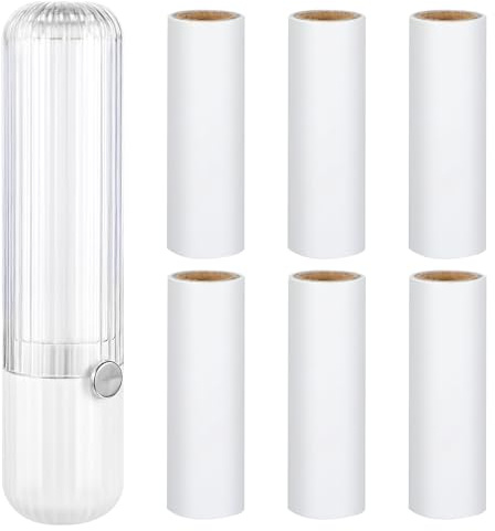 Prasacco 7 rotoli di rotolo di pelucchi con 1 rullo bianco e 1 protezione antipolvere, 13,6 x 3,2 cm, portatile, in plastica, extra adesivo, per vestiti, divani, letti, tappeti (30 fogli/rotoli)