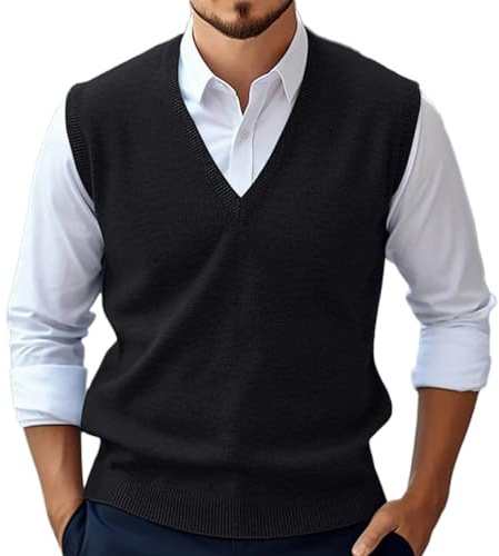 Oanviso Pull en Tricot pour Homme Gilet Col en V sans Manches Classique Pulls Slim Fit Gilets Chemise Tricoté Débardeurs Business Pull-Over Élastique A Noir M