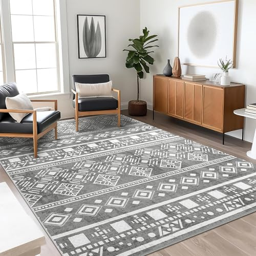 XSIVOD Alfombra 120x160 cm, Pelo Corto Diseño Boho Vintage, Lavable y Antideslizante, para Salón, Dormitorio, Cocina, Comedor, Oficina, Color Gris