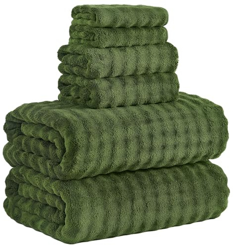 KBY Bath Towels Set 6 Piece 40x80 Inches，2 Extra Large Bath Sheets 2 Hand Towels 2 Washcloths，Highly Absorbent Quick Dry Microfiber,Ultra Soft Towel Set for Bathroom，Spa，Gym， Hotel (Olive Green)
