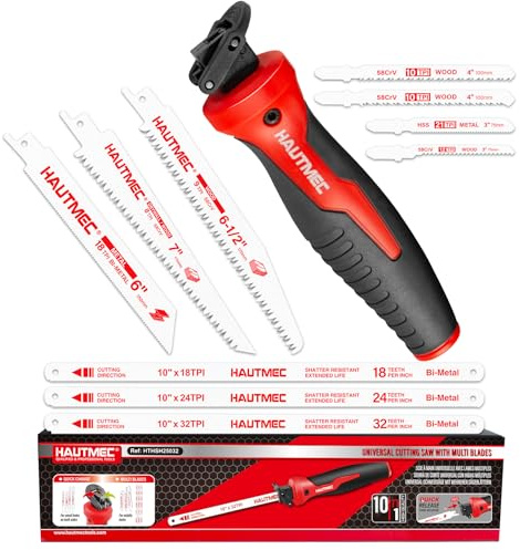 HAUTMEC HTHSH25032 Scie à main multi-lames 10 en 1 avec mécanisme de changement rapide et lames Pro HSS/Cr-V/bimétallique, scie à métaux compacte, scie à chantourner, scie à main polyvalente pour bois