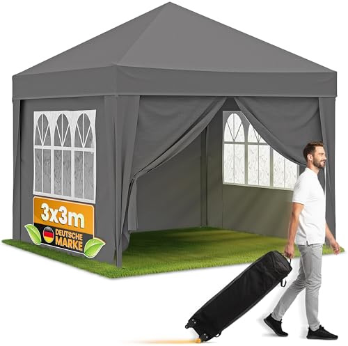 NATURIZ® Pavillon 3x3 Wasserdicht Stabil Winterfest und UV 50+ Schutz - Faltpavillon mit Seitenwänden - Pop Up Zelt für Garten, Camping, Märkte - Gartenpavillon (Grau, 3x3m)