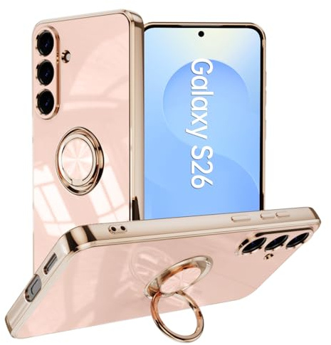 XINYEXIN Fodral till Samsung Galaxy S26 5G med ringstativhållare, 360 graders roterande stativ, mode, stötsäkert skyddande fodral – rosa | Skyddsfodral, 360° rotation, stötsäker, reptålig, elektropläterad finish, rosa