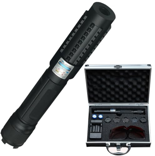 Justerbar Högeffekts Blå Brinnande Laser, Ficklampa Med Lång Räckvidd Med Justerbar Fokus Och Multimönster for Camping, Jakt, Fiske, Handhållen for Vandringsäventyr(Black,Aluminum box set)