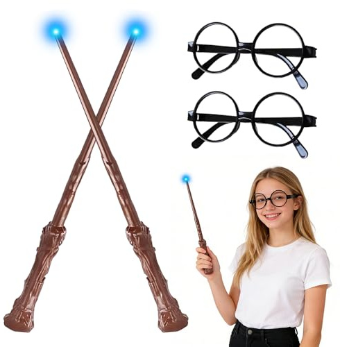 CJBIN Harry Zauberstab, 2 Stück Magic Zauberstäbe mit Licht und Soundeffekten, Zauberstabs Harry mit 2 Stück Brillenpaare, Zauberstabs Spielzeug für Karneval, Mottoparty, Kostümpartys, Cosplay
