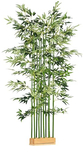 HOMCOM Pianta di Bambù Artificiale Alta 180 cm da 1640 Foglie, Pianta Finta da Interno con Vaso in Legno di Pino, per Esterno, Giardino, Casa, 35x10x10 cm, Verde