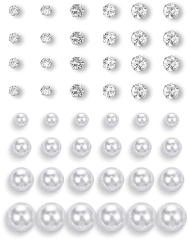 24 Pairs Pearl Studs Earrings for Women Beige Faux Simulated Pearl Earrings Mixed Sizes Round Ball Pearls Clear Rhinestones Stud Earring Set