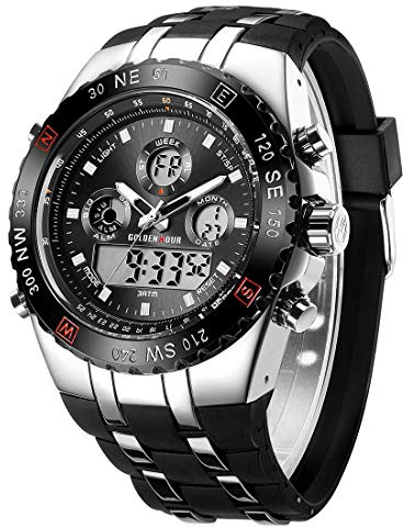 Herren Chunky Uhren Sport wasserdichte Stoppuhr Riesiges Zifferblatt, Datumsalarm, Light Digital, Analoge Militär Edelstahl Armbanduhr mit Gummiband (Silber Schwarz)