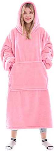 Waitu Wearable Blanket Sweatshirt Gifts for Women and Men, Super Warm and Cozy Big Blanket Hoodie, Thick Flannel Blanket with Sleeves and Giant Pocket - Bright Pink