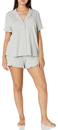 Amazon Essentials Ensemble de Pyjama Court en Coton et Modal passepoilé à col cranté pour Femme, vêtement de détente Confortable (Disponible en Grande Taille), Gris chiné, S
