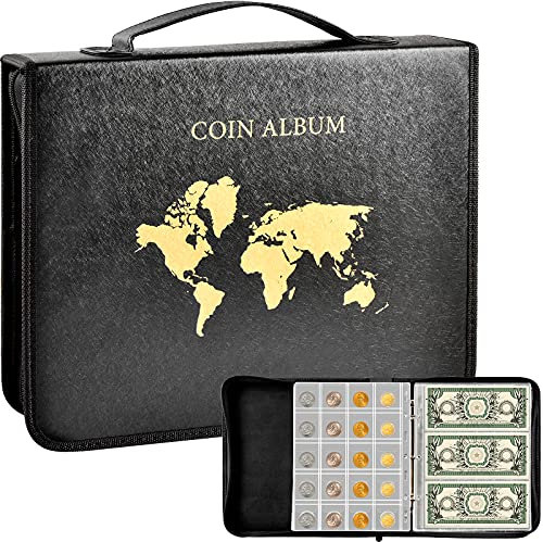 Münzalbum für Sammler, 200 Taschen Münze Scrapbook & 30 Hülsen Papiergeld Display Storage Box für Münzen Währung Sammlung Lieferungen, Rechnung, Pennies, Quarter, Briefmarke