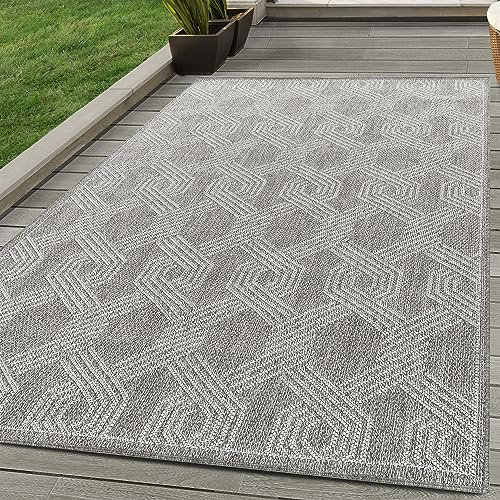 Carpettex In & Outdoor Teppich Geometrisch Design Wetterfest für Terrasse Balkon Küche oder Wohnzimmer Teppich, Farbe: Grau, Größe: 240 x 340 cm