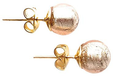 Earrings with champagne (peach, pink) Murano glass sphere studs on 24ct gold plated surgical steel posts