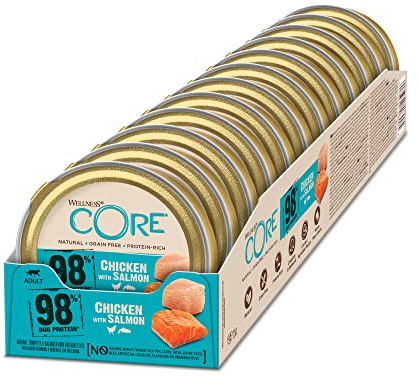 Wellness CORE 98% 12 x 85g, Poulet/Saumon – Pâtée pour Chats Adultes, sans Céréales, Naturelles, Hypoallergénique, Riche en protéines, À Haute Teneur en Viande,