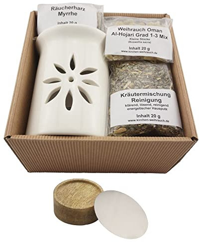 Geschenkset Hausreinigung mit Räucherstövchen Sternenblume – 6-teilig – Weihrauch Oman Al Hojari, Myrrhe, Kräutermischung Reinigung – mit Zubehör und Anleitung – im Geschenkkarton