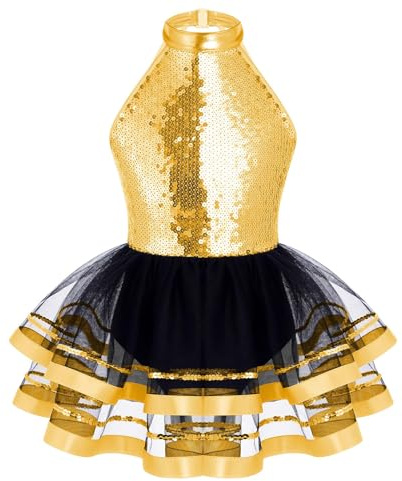 dPois Robe Jazz Fille Paillettes Col Halter Tutu Danse Modern Latine Costume 3-16 Ans Or 11-12 ans